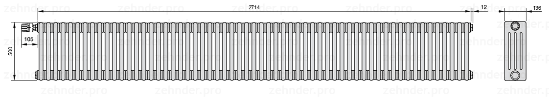 Схема (чертеж) Радиатор Zehnder Charleston 4050/59 №V011 Белый глянцевый RAL 9016